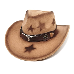 Khaki Western cowboy hat with star patterns and bull head leather band detail