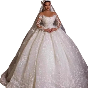 Elegant off-shoulder lace wedding dress with long sleeves and cathedral train
