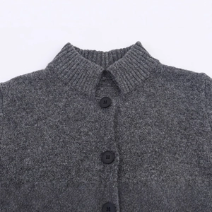 Deep grey knit cardigan with metallic silver thread, stand collar and black buttons