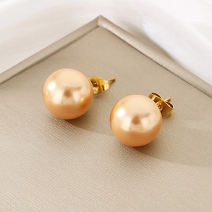 Champagne gold pearl stud earrings with 10mm round satin luster on golden metal base