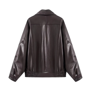 Back view of a designer dark brown leather jacket in a relaxed fit with fine textures
