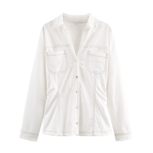 Ensemble Chemise En Jean Et Pantalon Évasé Pour Femmes Avec Surpiqûres Contrastées Coupe Ajustée Streetwear