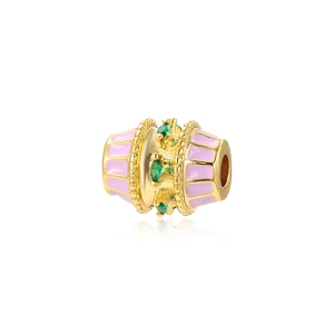 18K gold-plated oval charm with pink enamel and green marquise gemstone for DIY jewelry