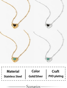 Detailed view of heart shaped natural stone pendants with PVD gold and silver plating