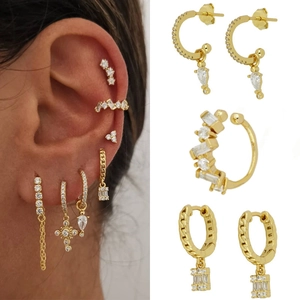 Copper Plated Gold Earrings Sparkling Zircon Geometric Cross Pear Dangle Drop Ear Studs With Silver Earring Post Women Fashion