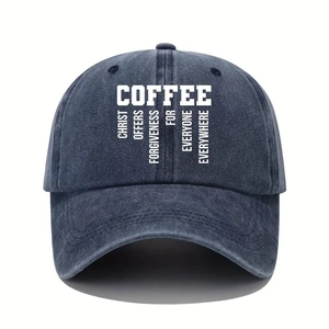 Washed navy blue cotton baseball cap with COFFEE print and vintage sun protection style