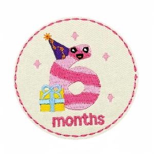 Round baby milestone embroidery patch featuring number 6 and months in pink and yellow