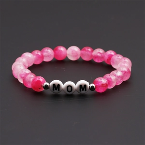 Pink natural stone beaded MOM bracelet for Mother's Day with white letter beads
