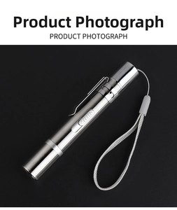 Detailed close-up of a silver metal laser cat toy pen with a clip and wrist strap