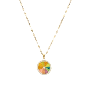 Gold chain necklace featuring colorful summer fruit pendants and bright red lips charm