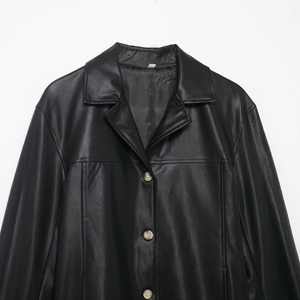 Classic black coated faux leather jacket with lapel and buttons on white background