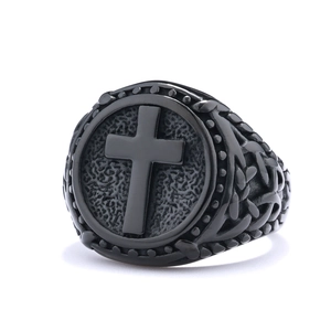 Vintage matte black stainless steel cross ring with intricate woven textured relief