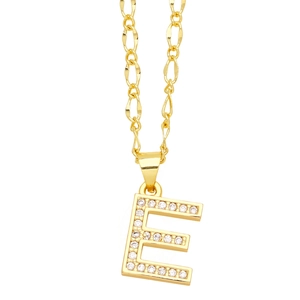 Detail of gold letter E pendant with micro-pave cubic zirconia on a Figaro chain