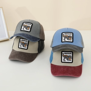 Kids Washed Cotton Baseball Cap Cute Cartoon Dinosaur Patchwork Retro Sun Hat For Boys Girls Adjustable Peak Cap