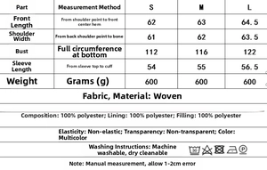 Detailed size chart for floral cotton jacket showing measurements for S, M and L