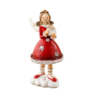 Resin Christmas Angel Girl ornament in red snowflake dress holding a gift box on white base