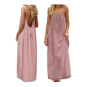 Detail view of pink backless long dress with thin straps and pleated fabric texture