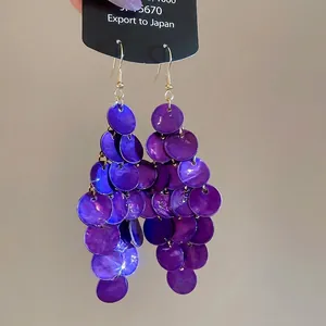 Bohemian style deep purple shell disk tassel earrings with golden metal hooks for women