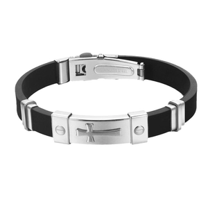 Men's black silicone bracelet with stainless steel cross charm on a white background