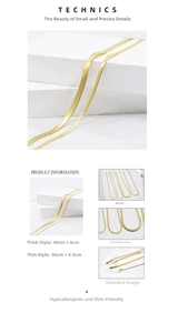 Detail of gold flat snake chain necklace with specifications and extension links