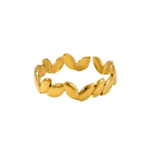 Detailed view of an adjustable gold leaf ring featuring a polished metallic floral design