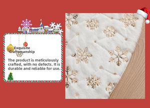 Close-up of white plush Christmas tree skirt featuring golden sequin snowflake embroidery