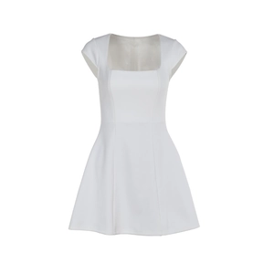 White short sleeve mini dress with square neckline and A-line waist for summer style