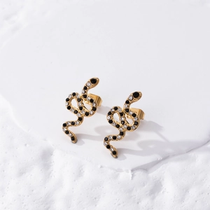 Snake shaped gold stainless steel earrings with sparkling black and white crystals