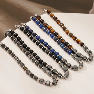 Natural Stone Beaded Bracelet Tiger Eye Agate Lapis Lazuli Stainless Steel Clasp Geometric Hematite For Men Unisex
