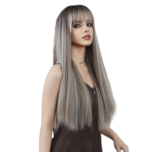 Long straight ash brown wig with blonde highlights and flat bangs for women
