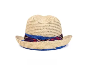 Rear view of woven straw Panama hat with ethnic print band and blue brim details