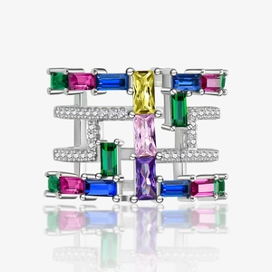 Elegant multi-layer S925 silver ring with colorful rectangular gemstones and white diamonds