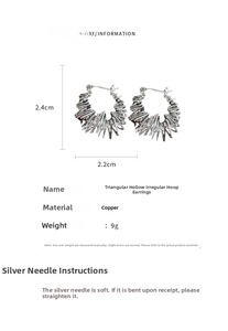 Detailed specs of triangle irregular hoop earrings with 2.4cm x 2.2cm dimensions