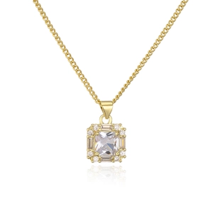 Retro 18K gold plated necklace with square cubic zirconia pendant on white background