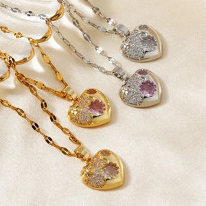 Minimalist heart pendant necklace with zircon stones in gold and silver on silk