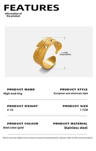 Macro detail of adjustable golden stainless steel leaf ring showing 4.1g weight and size