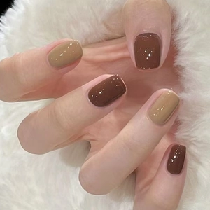 Press On Nails Mocha Brown Glossy Short Square Round Fake Nails For Women Daily Wear Minimalist Autumn Winter Style
