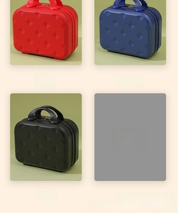 Detail view of 14-inch mini hardshell vanity cases in red, royal blue, and black colors