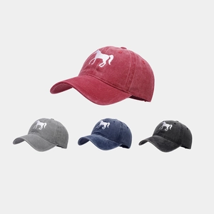 Classic washed cotton baseball caps with horse embroidery in red, grey, navy and charcoal