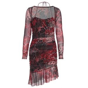 Mini robe en tulle froncée avec imprimé rose vintage et léopard et ourlet asymétrique