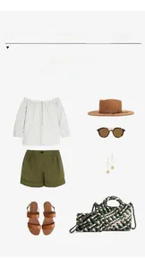 Flatlay-Lookbook einer gewebten Mini-Korbbag mit gestreiftem Oberteil und olivfarbenen Shorts