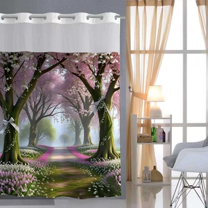 Waterproof double-layer polyester shower curtain with romantic cherry blossom path print