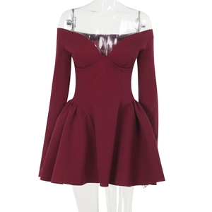 Detailed front view of a deep red off-the-shoulder long sleeve A-line mini dress on a model