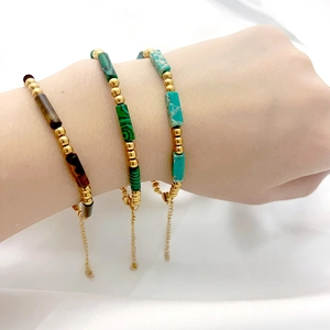 French retro bracelet set with natural stone beads and stainless steel gold beads on wrist