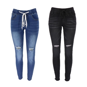Jean Skinny Déchiré Femme Taille Haute Cordon De Serrage Pantalon En Denim Stretch Coupe Ajustée Streetwear
