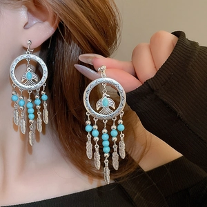 Bohemian dreamcatcher earrings with turquoise eagle charm and silver feather tassels