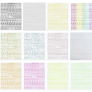 Classic alphabet and number nail art stickers in 12 colors including gold and laser rainbow