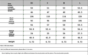 Detailed size chart with measurements for the casual stand-collar jacket for women