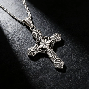 Gothic Cross Pendant Necklace Stainless Steel Vintage Carved Octagram Star Retro Punk Style Twist Rope Chain