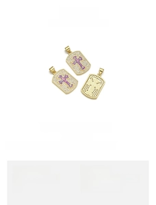 Detailed views of 18K gold plated cross pendant with purple opal and white cubic zirconia